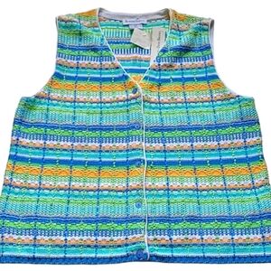 LG 100% Cotton Vintage Sweater Vest Knit Striped Vest Green Yellow NWT